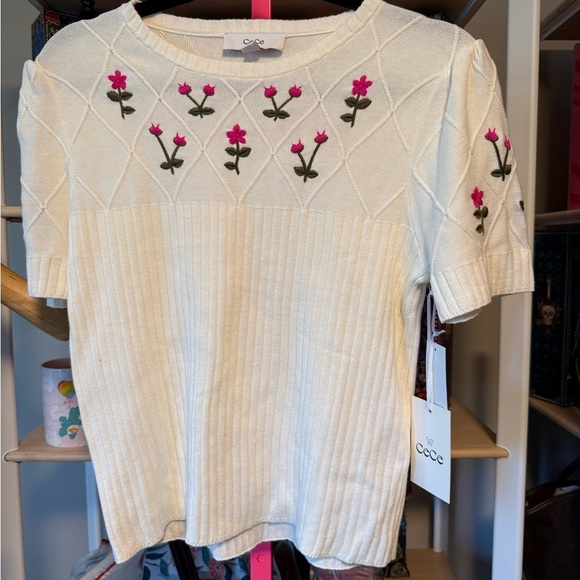 CeCe Embroidered Short Sleeve Sweater – Cream, Size Small (NWT - Picture 8 of 8